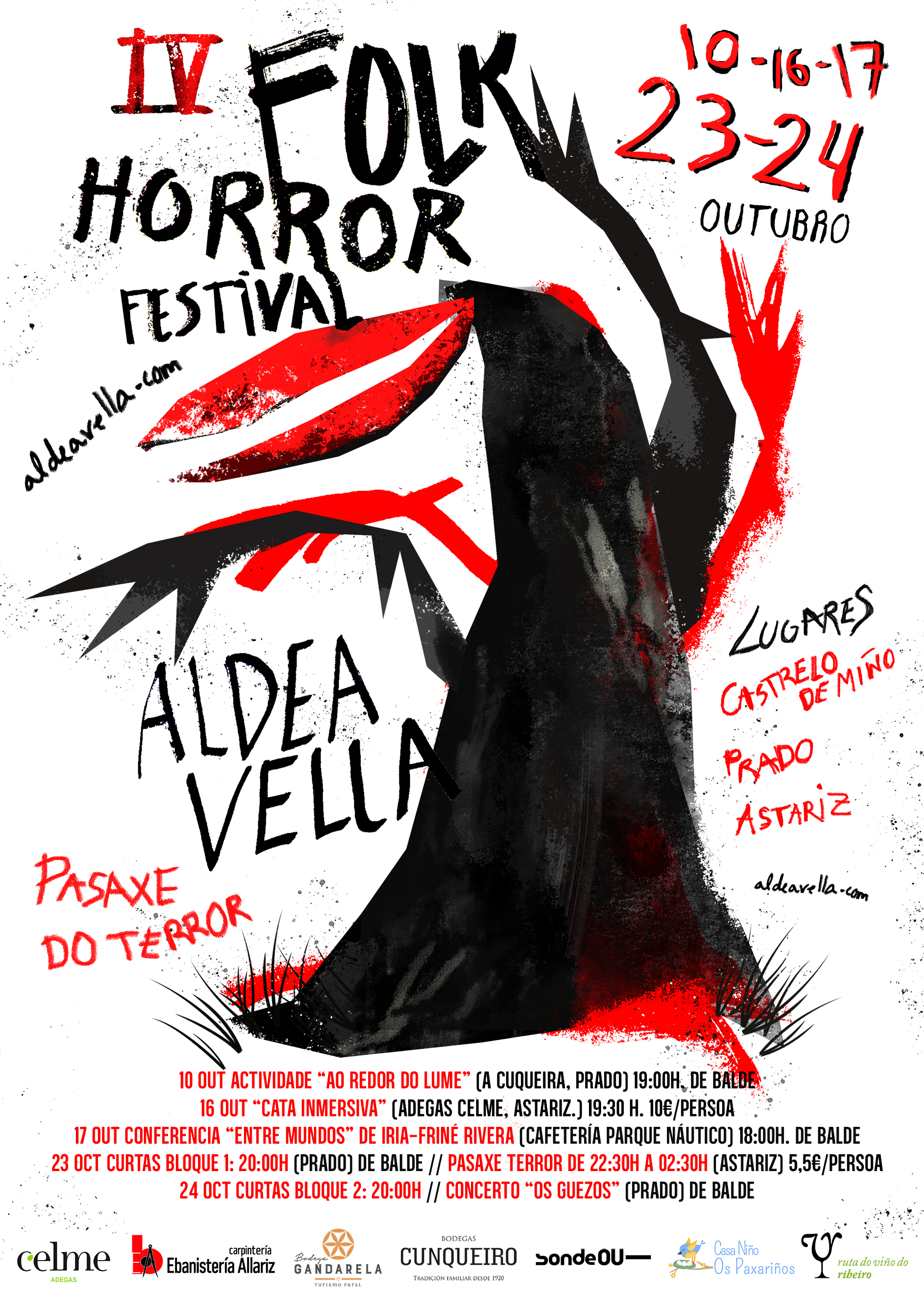 Cartel del IV Folk Horror Festival, Aldea Vella. Ilustración de la 'Picacigüeña' del demonio sobre fondo blanco, con el texto IV Folk Horror Festival, Aldea Vella.