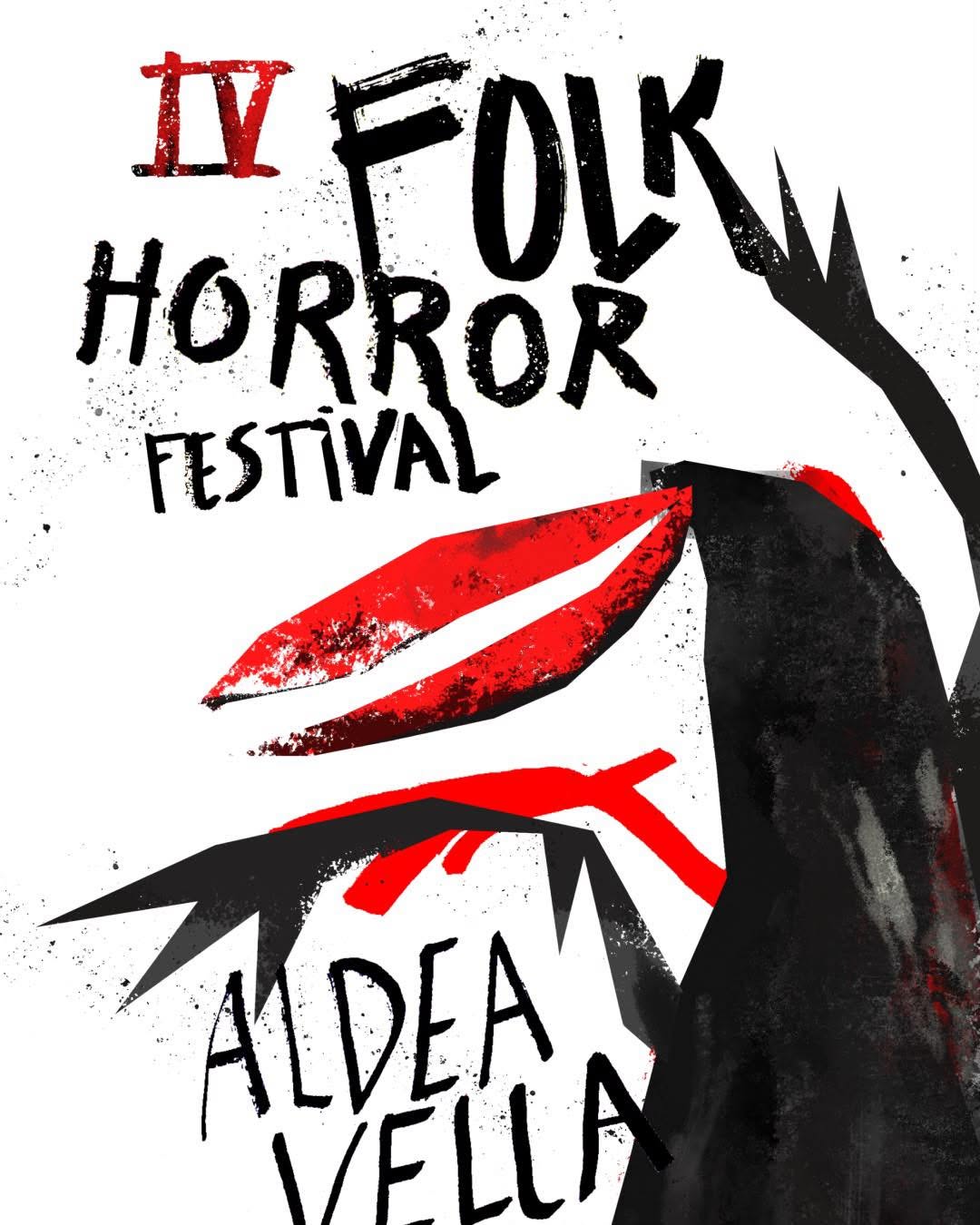 Cartel del IV Folk Horror Festival, Aldea Vella. Ilustración de un cuervo negro con pico y ala rojos sobre fondo blanco, con el texto IV Folk Horror Festival, Aldea Vella.
